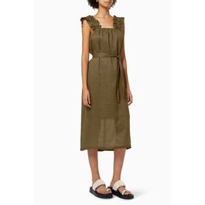 Frame Ruffle Strap Button Back Dress in Moss Size Small Khaki Green Ramie Chic